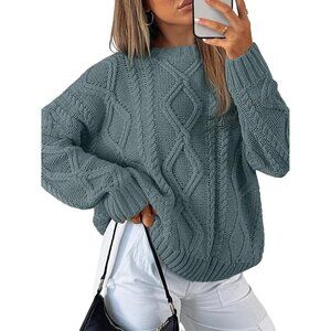Women's Dark Sage Imported Pull On Oversized Cable Knit Crew Neck Sweaters